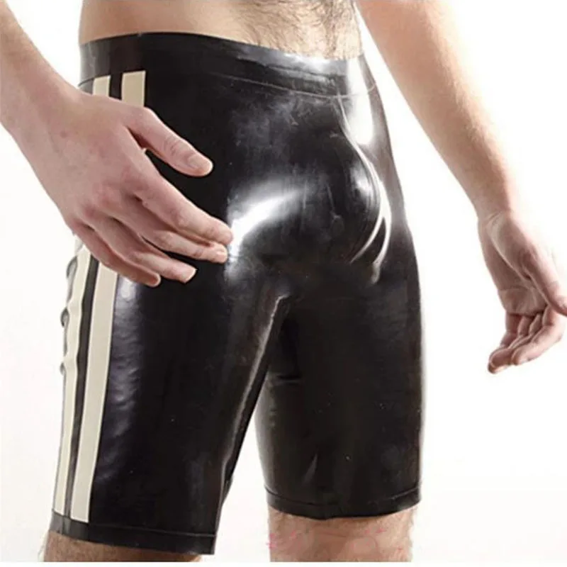 Latex-Shorts, hohe Taille, Gummi-Boxerhöschen, Unterwäsche, Hosen, Party, Club, Kostüm mit weißen Verzierungen (ohne Reißverschluss)