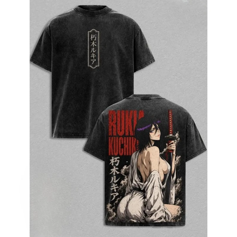 Kuchiki Rukia Print T-shirt BLEACH Anime Clothing Men Women Short Sleeve Cotton Tshirts Washed Tee Harajuku Oversized T Shirt