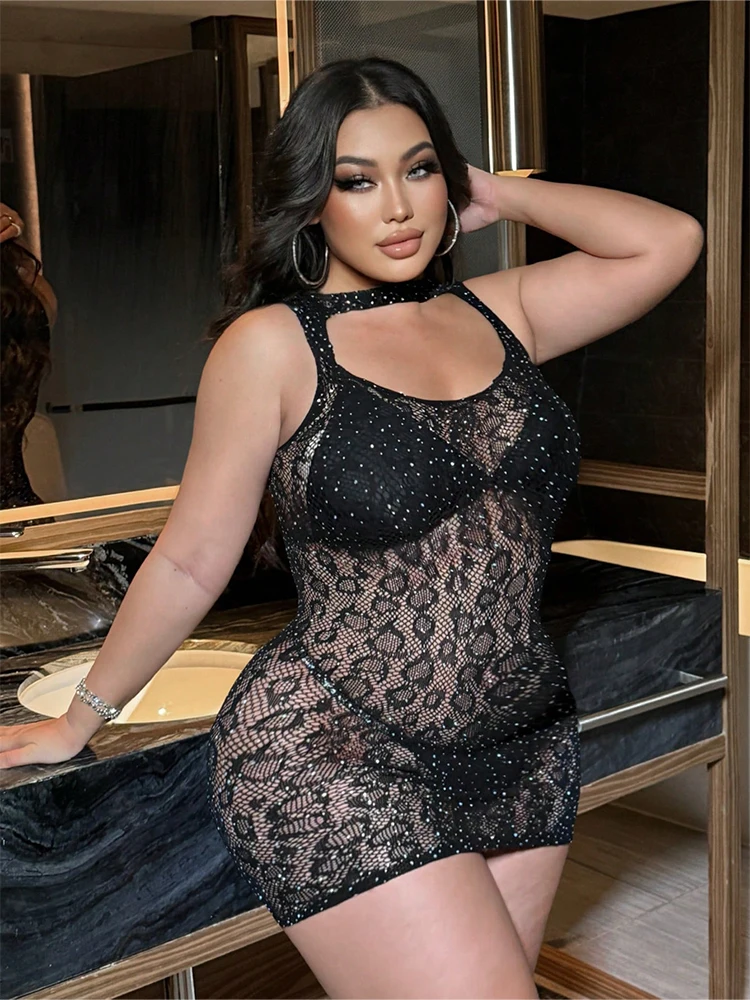 Sexy Spitzenkleid für Damen, Neckholder, Ausschnitt, figurbetontes Minikleid, Strass-Dekoration, ärmelloses Kleid, Party, Club, Abendkleid
