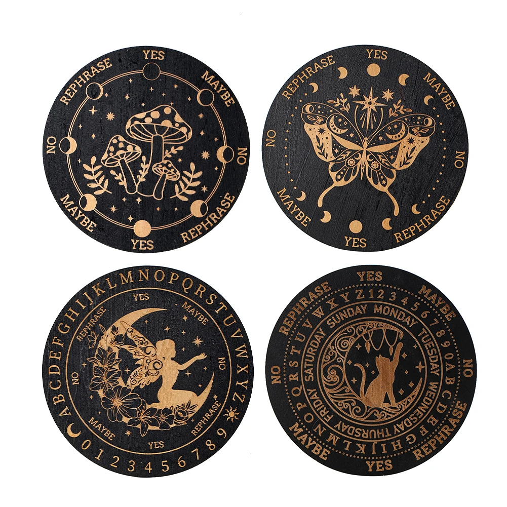 

Wooden Round Black Board Butterfly Mushroom Cat Fairy Yes or No Decision Plate Desktop Ornaments Game Prophecy Ouija Board