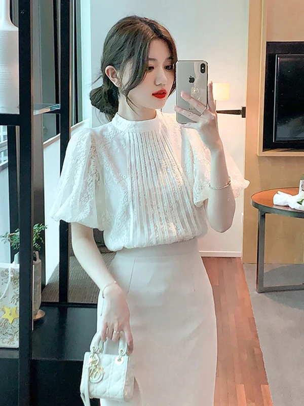 

plus Size Elegant Short Sleeve Bubble Sleeve Shirt Stand Collar Women's Summer Shirt Comfortable Breathable Korean Style Blouse