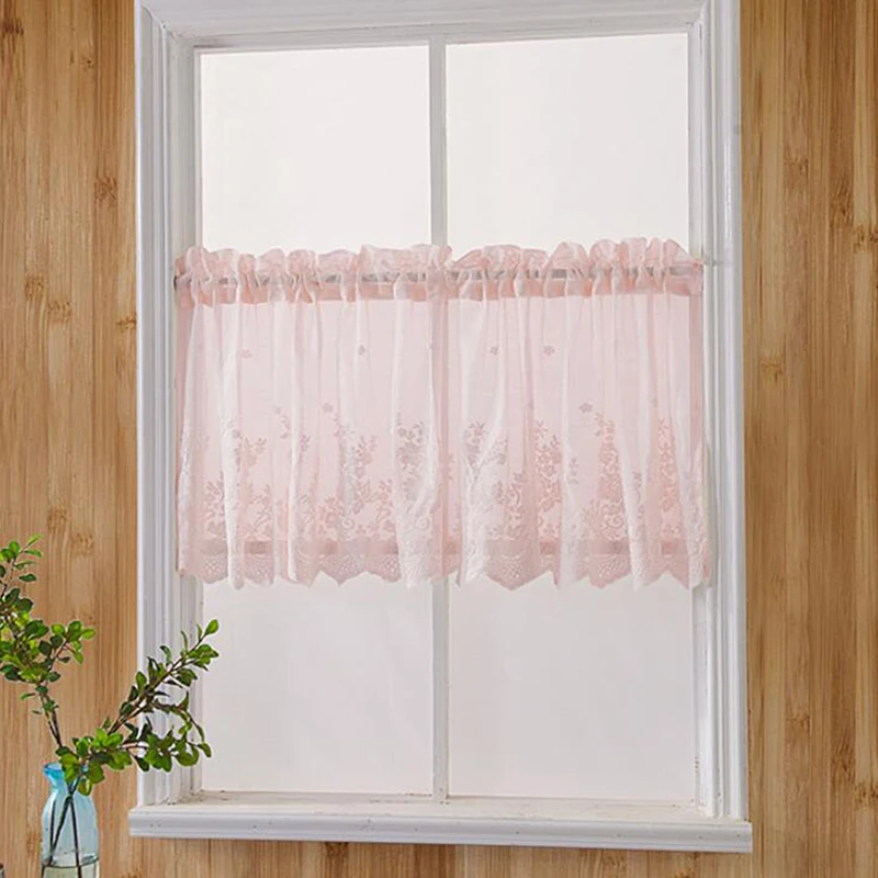 Tulle Window Drape Modern Lace Jacquard Window Curtain Valance Lace Hem Coffee Short Curtain for Cabinet Door Bedroom Home Decor