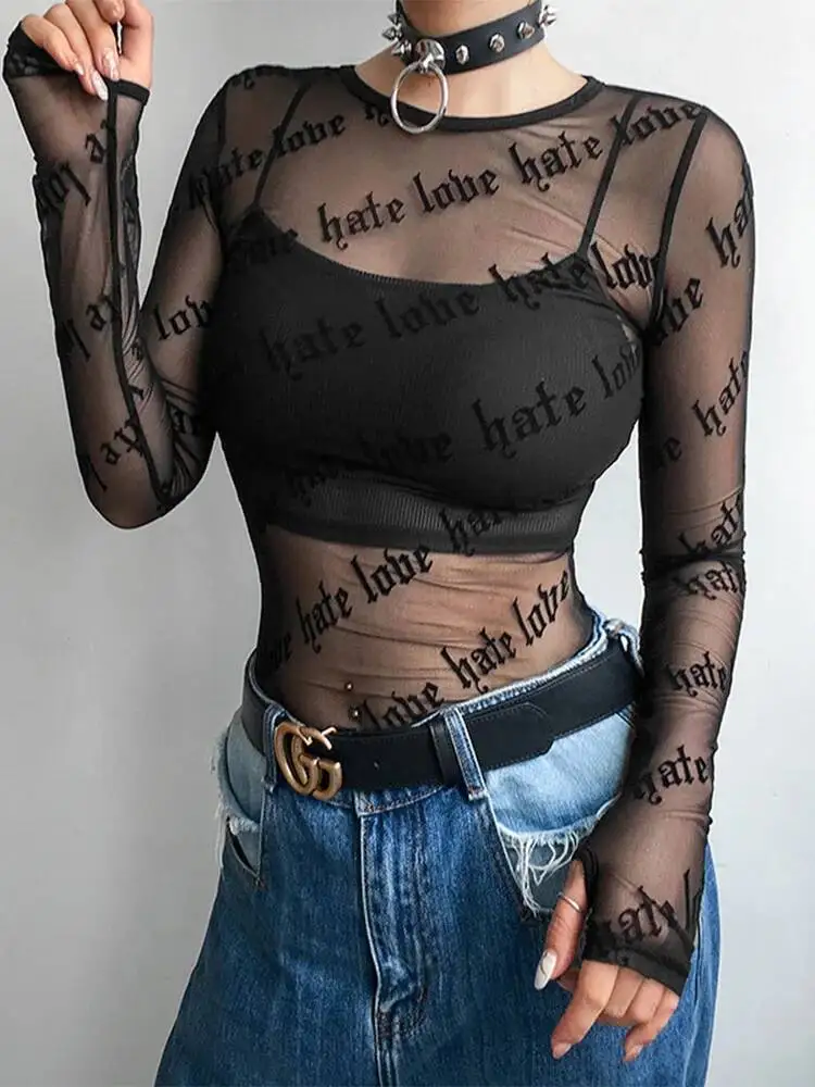 

Sexy Mesh T Shirts See Through Perspective Tshirt Letter Printed O Neck Transparent Long Sleeve T Shirt Tops Women