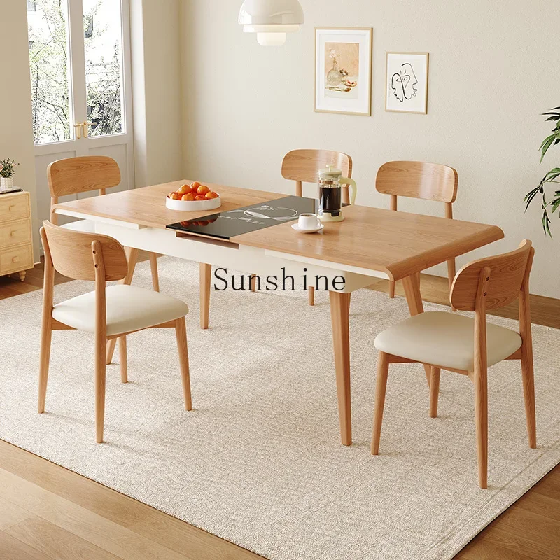 

Rectangle solid wood dining table with induction cooker integrated foldable retractable dining table household small apartment