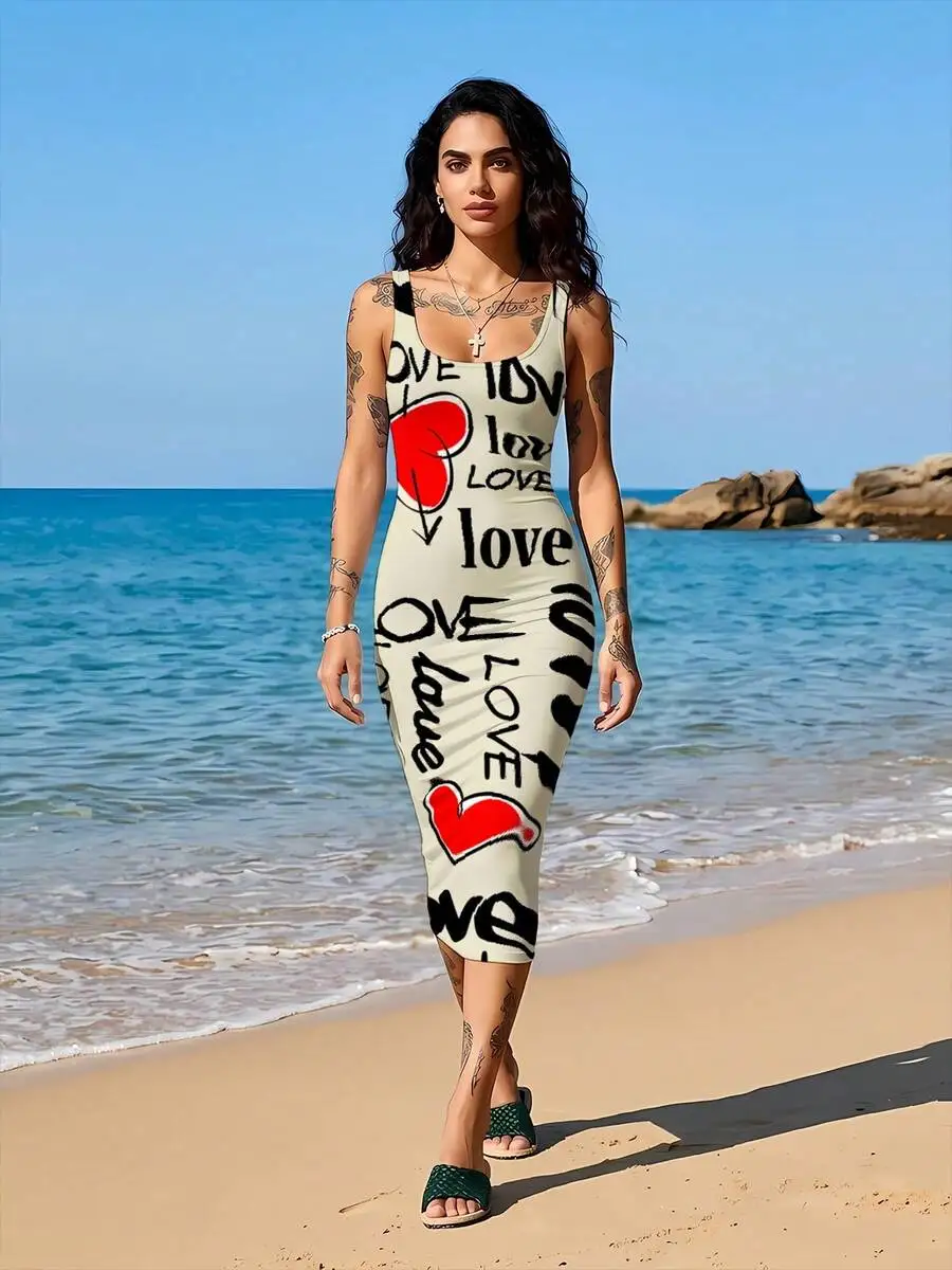 

Womens Sleeveless Bodycon Dress With Love Print Knee Length Summer Beach Wear
