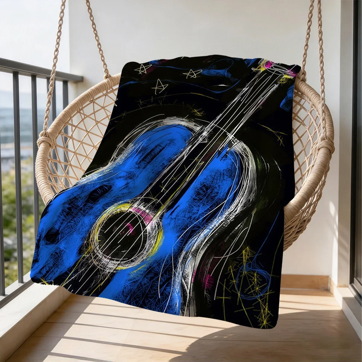 Vibrant Blue Acoustic Guitar Art Throw Blanket Cozy Bohemian Style Indoor Outdoor Decor Gift