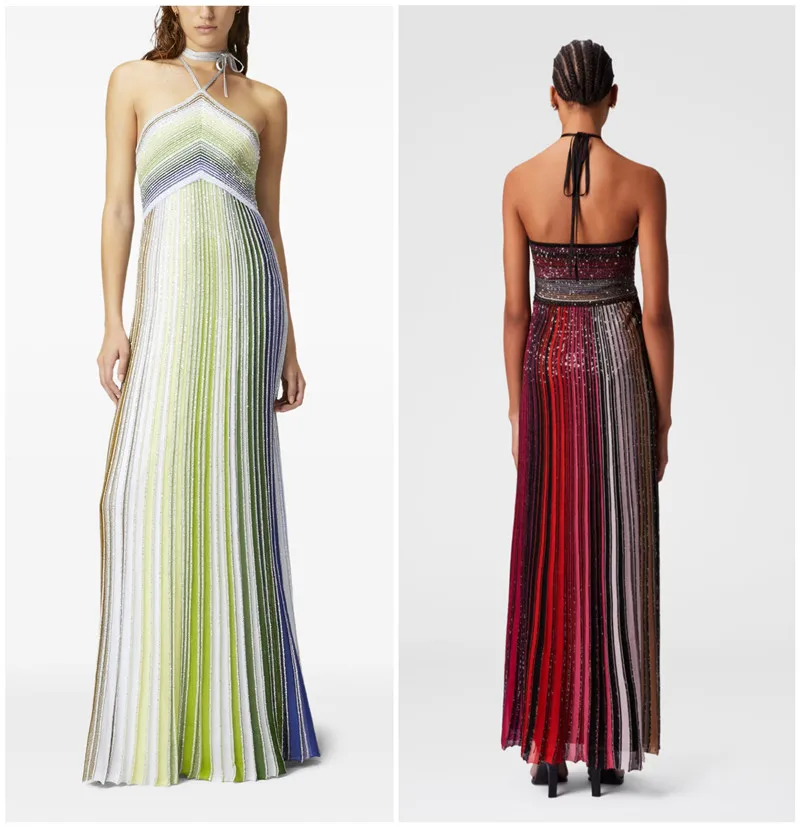 

Women Halter Neck Metallic Sequined Striped Sleeveless Maxi Long Dress
