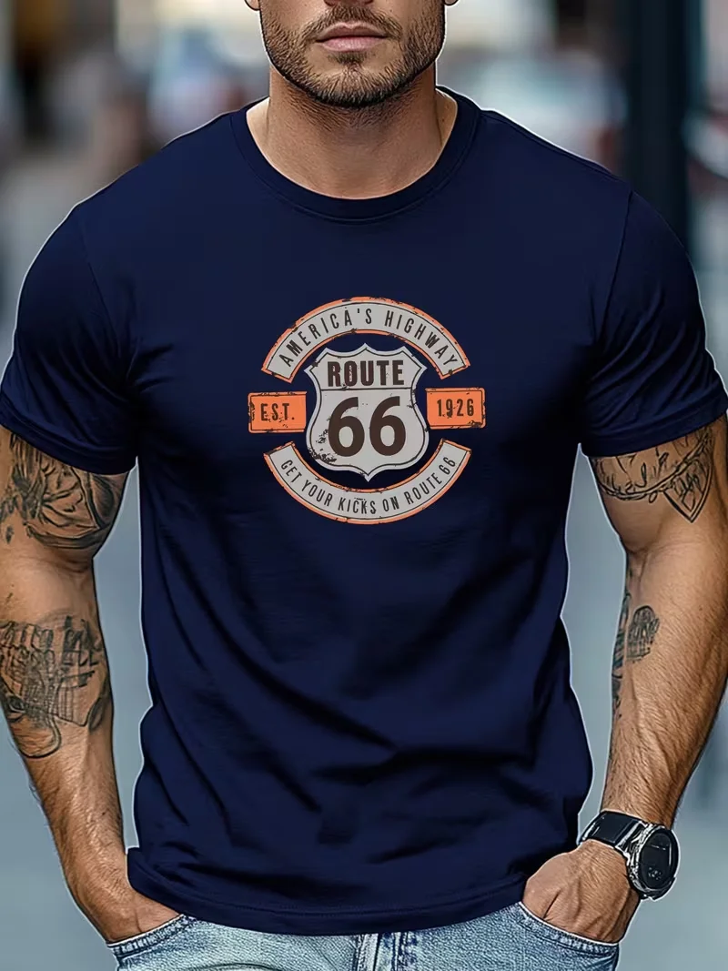 Men Vintage Route 66 T-shirt America's Highway Road Sign Graphic Short Sleeve Casual Travel Biker Basic Tops
