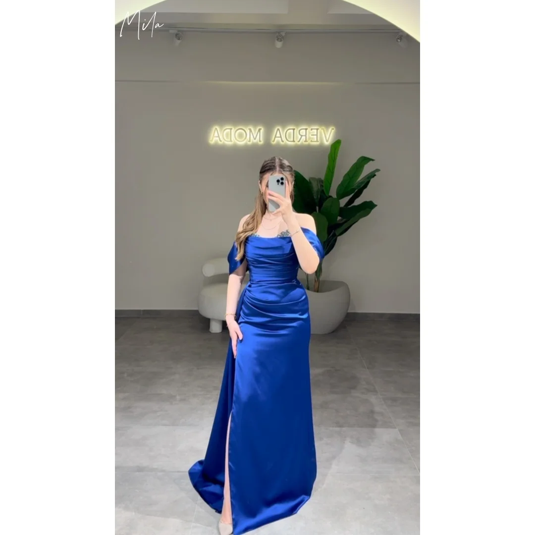 

Mila Blue Prom Dresses Off The Shoulder Side Slit Customized Formal Evening Satin A-line Floor-Length vestidos de gala 2025