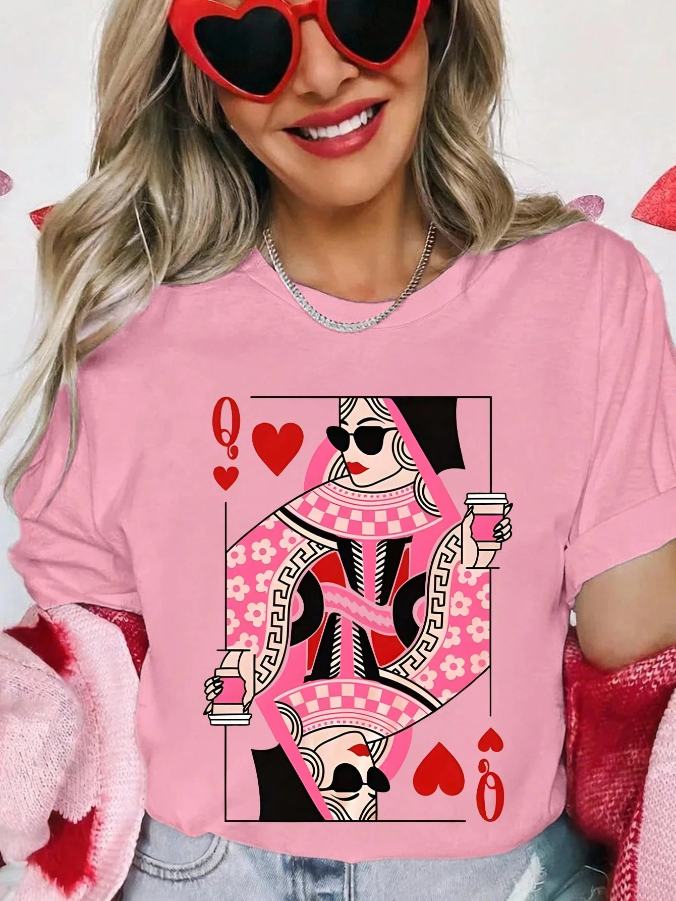 

Plus Size Women's Playing Card Q Pattern Printed T-shirt Summer Minimalist Casual Texture High Quality Short Sleeve Pullover Top