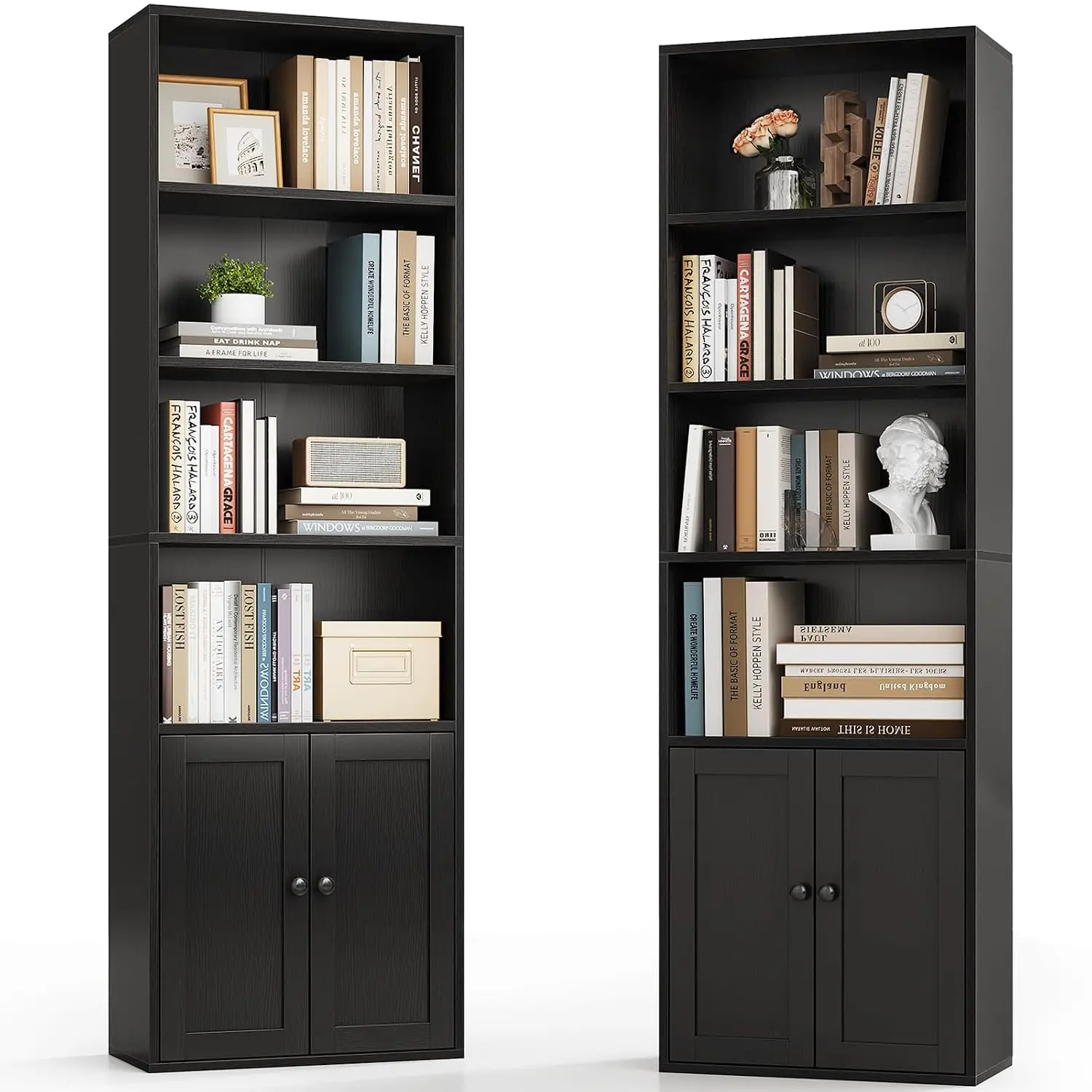 6-Tier Bookshelf With Doors Tall Black 2 Pack Storage Display Cabinet Office Living Room 71in, Customized