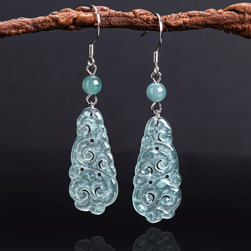 

Natural A-grade jade blue water Ruyi earrings S925 silver inlaid ice jade earrings antique style earrings for women
