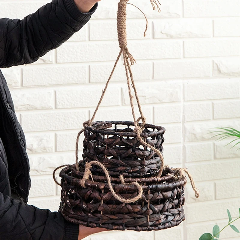 Rattan Hanging Basket Flower Basket Woven Basket Hanging Pot Green Plant Basket Handmade Decoration Hanging Organizer