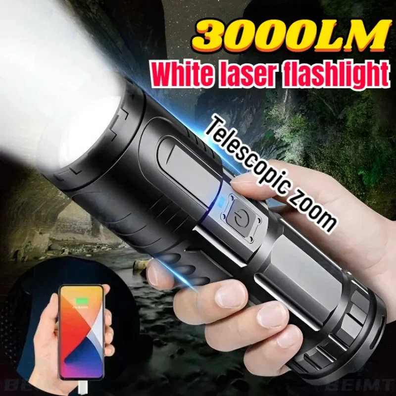 

Powerful White Laser LED Flashlight with COB Taillights Rechargeable USB Power Bank Fishing Lantern Camping Tactical Work Lamp