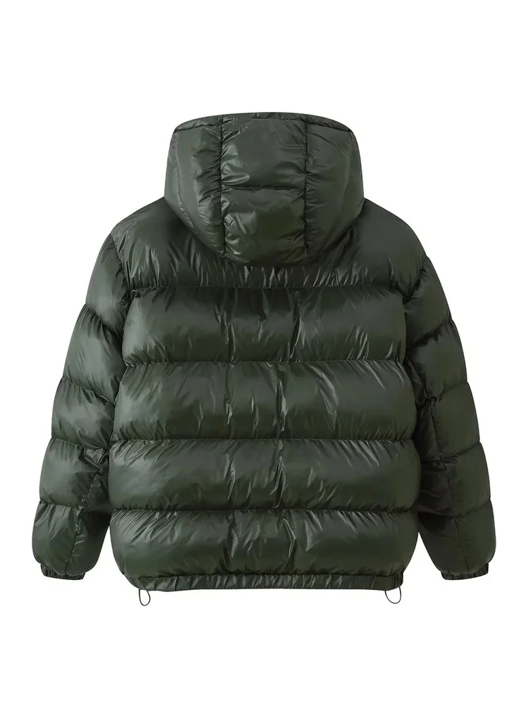 AACHOAE Women Shiny Hooded Puffer Jacket Zip Up Padded Coat with Zipper Pockets Drawstring Hem Loose Fit Warm Winter Outerwear