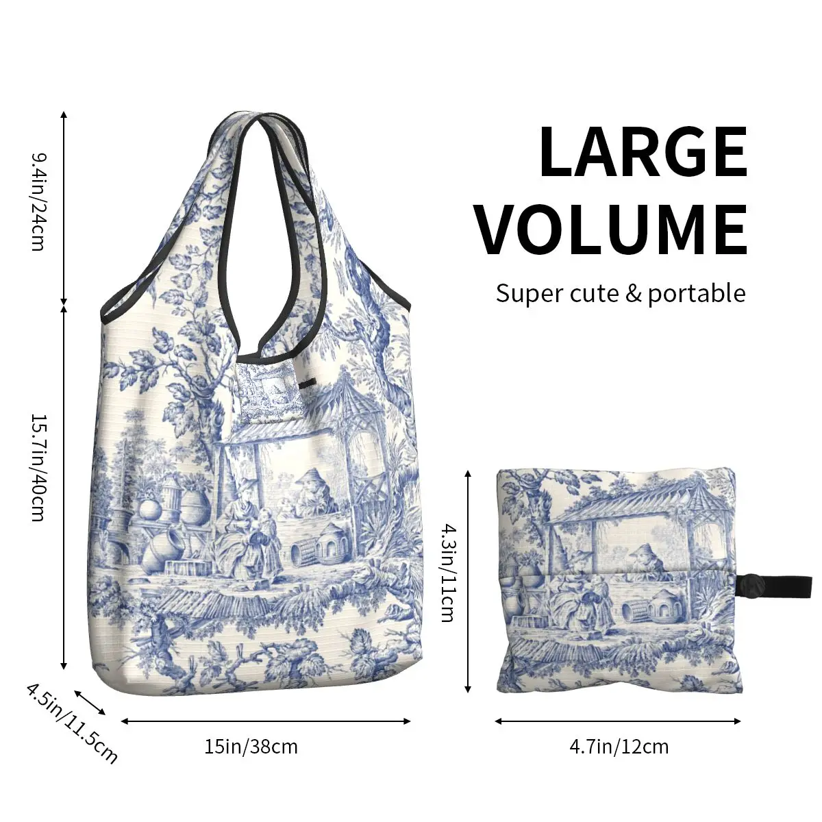 Cute Vintage Classic French Toile De Jouy Navy Blue Motif Pattern Shopping Tote Bags Portable Groceries Shopper Shoulder Bag