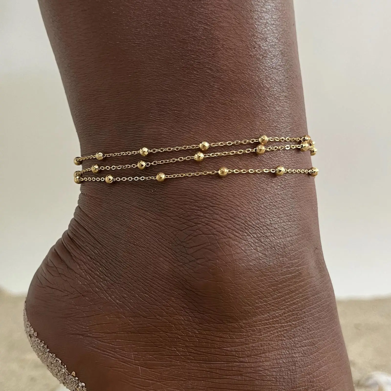 18k Gold Plated Stainless Steel Layered Chain With Beaded  Anklet Bracelet on Leg  for Women
