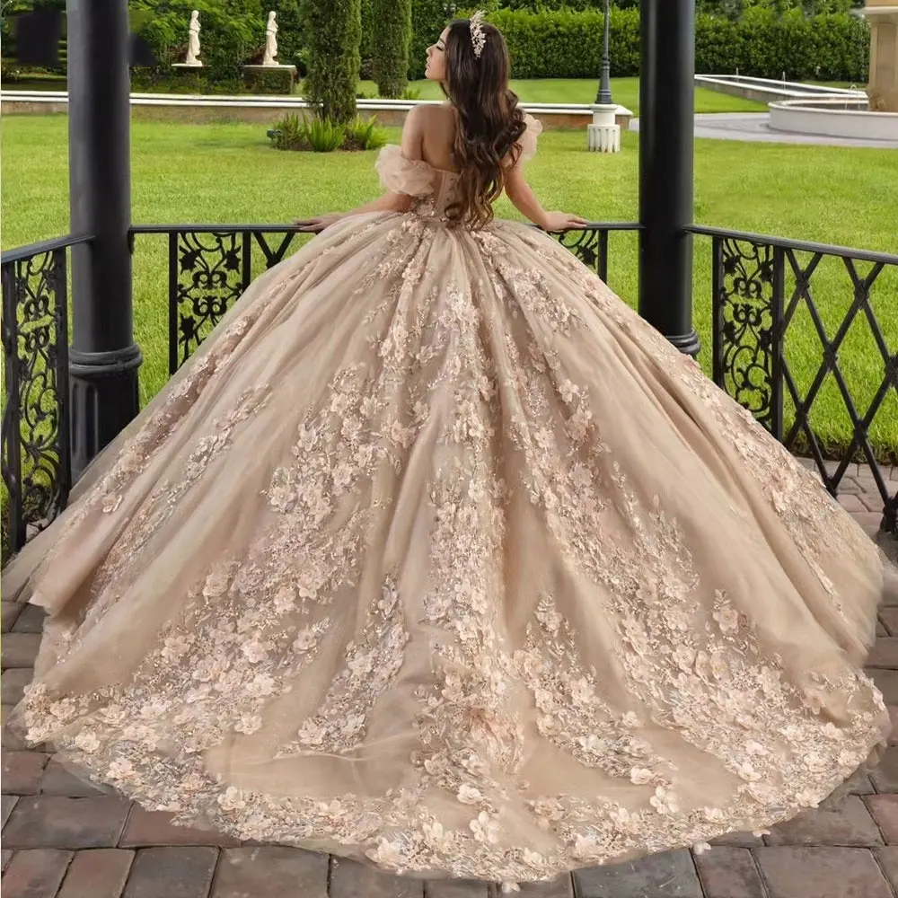 Champagne Kristal Kralen Baljurk Quinceanera Jurken 3D Bloemen Applicaties Kant Corset Vestidos De 15 Jaar Aangepaste