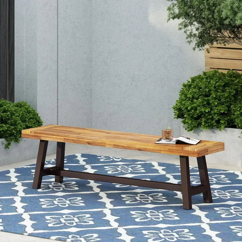 Home Carlisle Outdoor Acacia Wood and Rustic Metal Bench, Sandblast Finish / Rustic Metal 14. 75 x 63 x 17. 50 inches