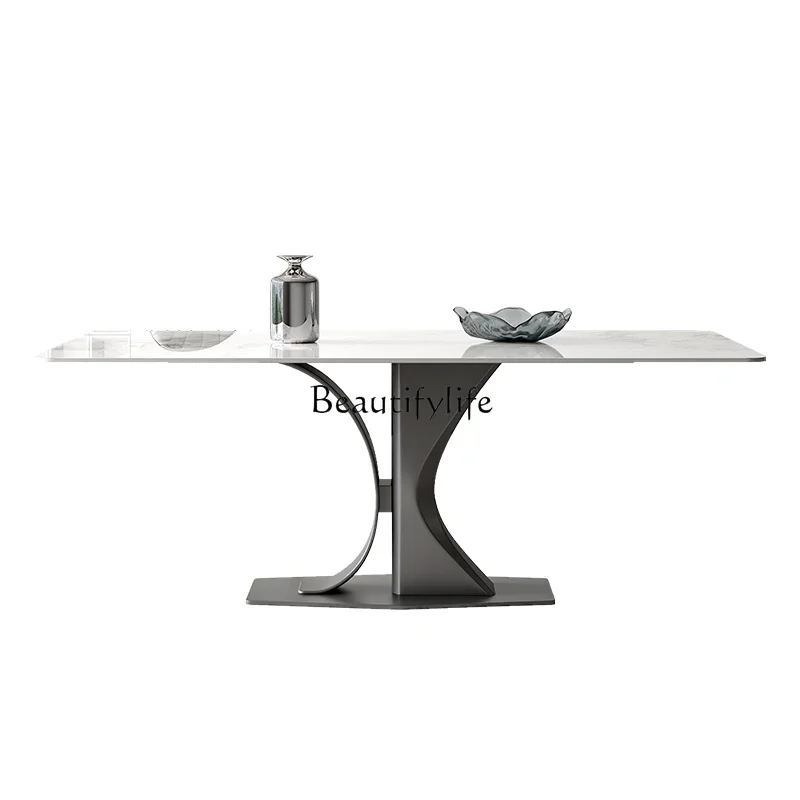 

Slate dining table Modern simple light luxury minimalist carbon steel rectangular glossy table