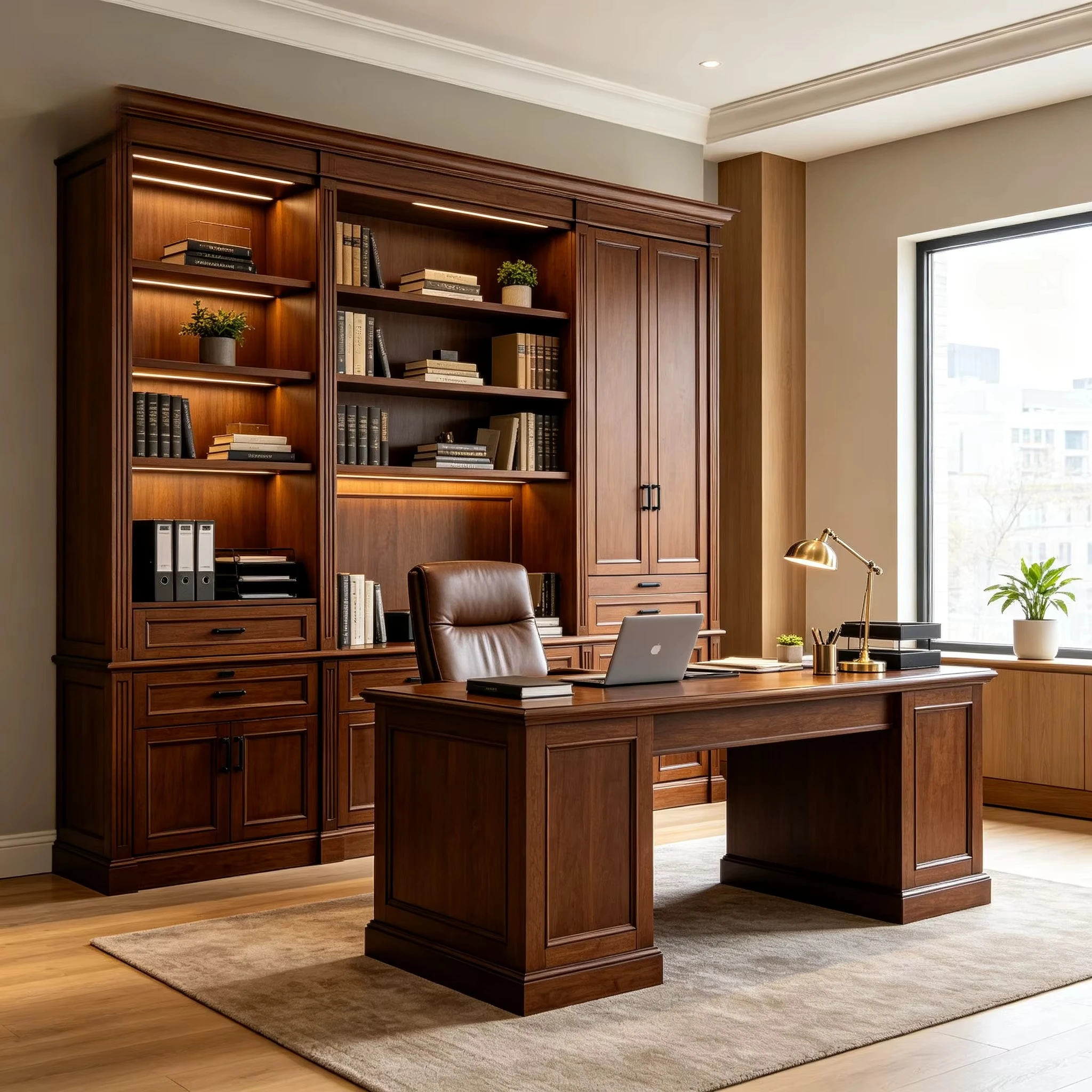 Modern Classic Library Cabinetry Bespoke Bookshelf with Desk Mahogany Toned Wood Grain Custom Luxury Study Set