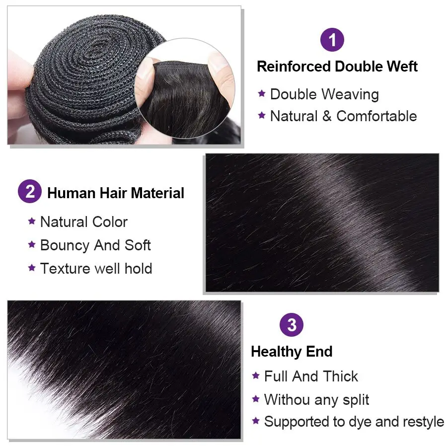 Extensiones de cabello humano brasileño para mujer, mechones rectos de 12a y 10-32 pulgadas, 1/3/4 unidades