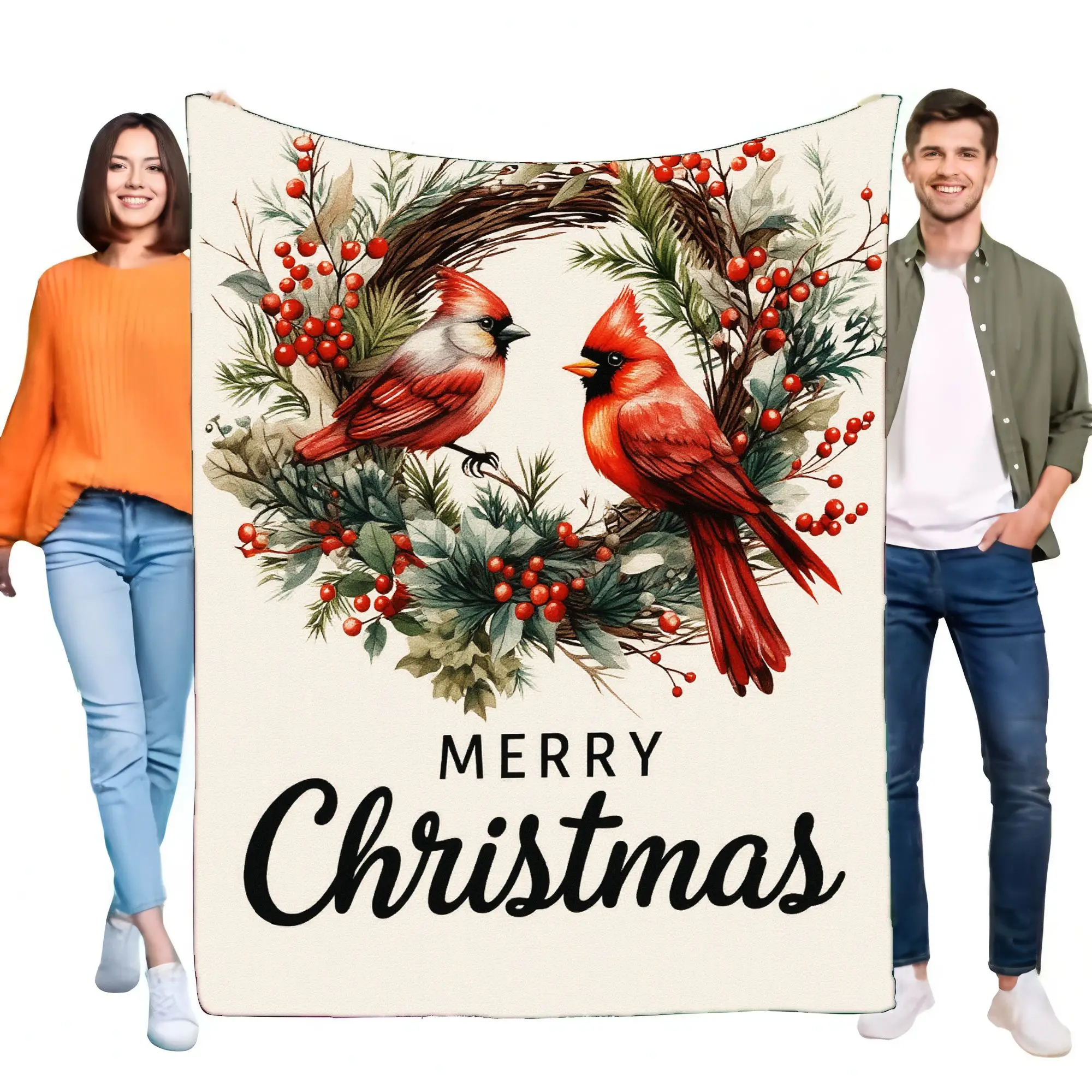 Merry Christmas Blanket Cozy Throw for Holiday Decor Featuring Cardinal Birds and Wreath Design Soft Lightweight Sofa Bed Gift f
