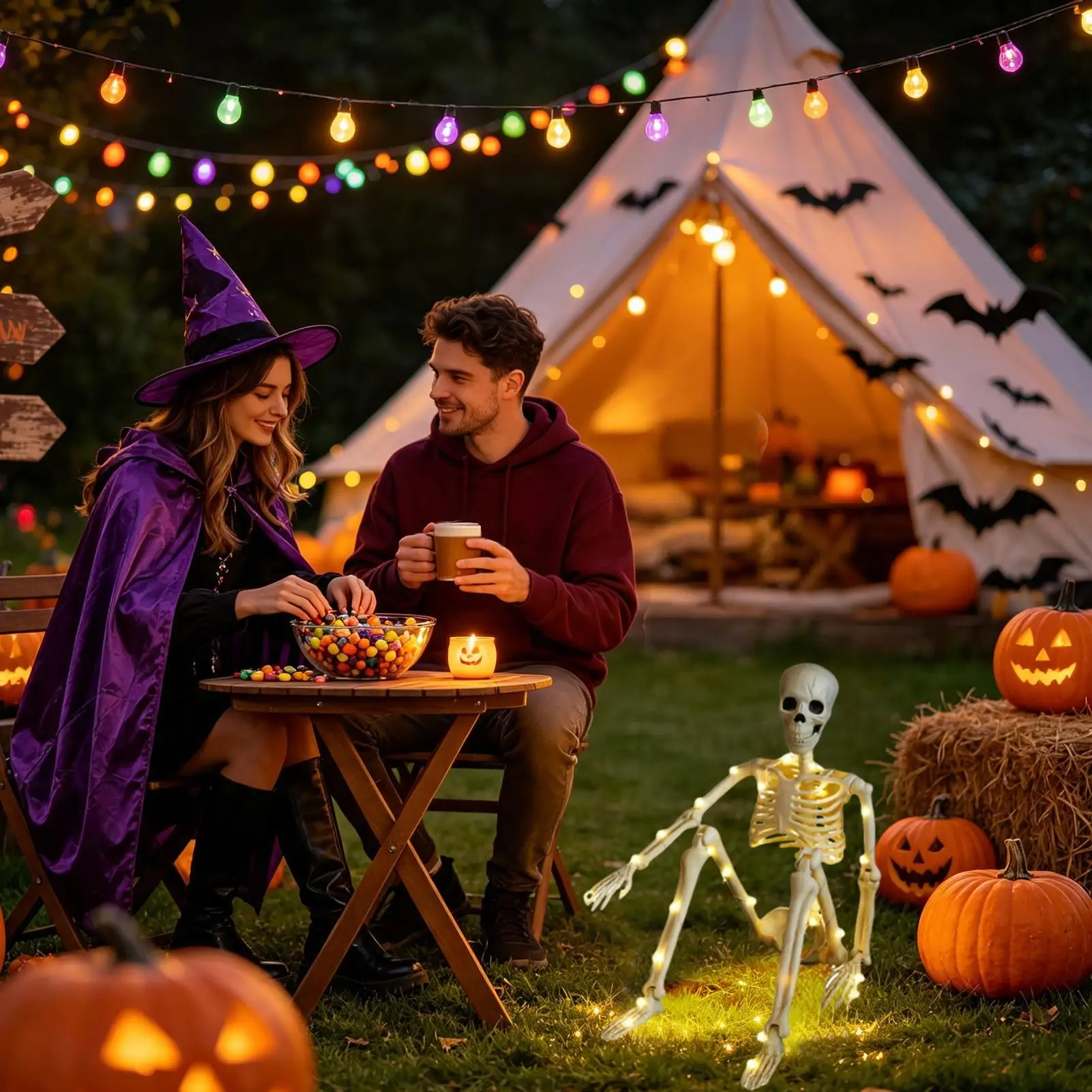 Skeletons For Halloween 90cm Realistic Horror Prop Posable With String Lights Posable Skeleton For Yard Patio Lawn Garden Indoor