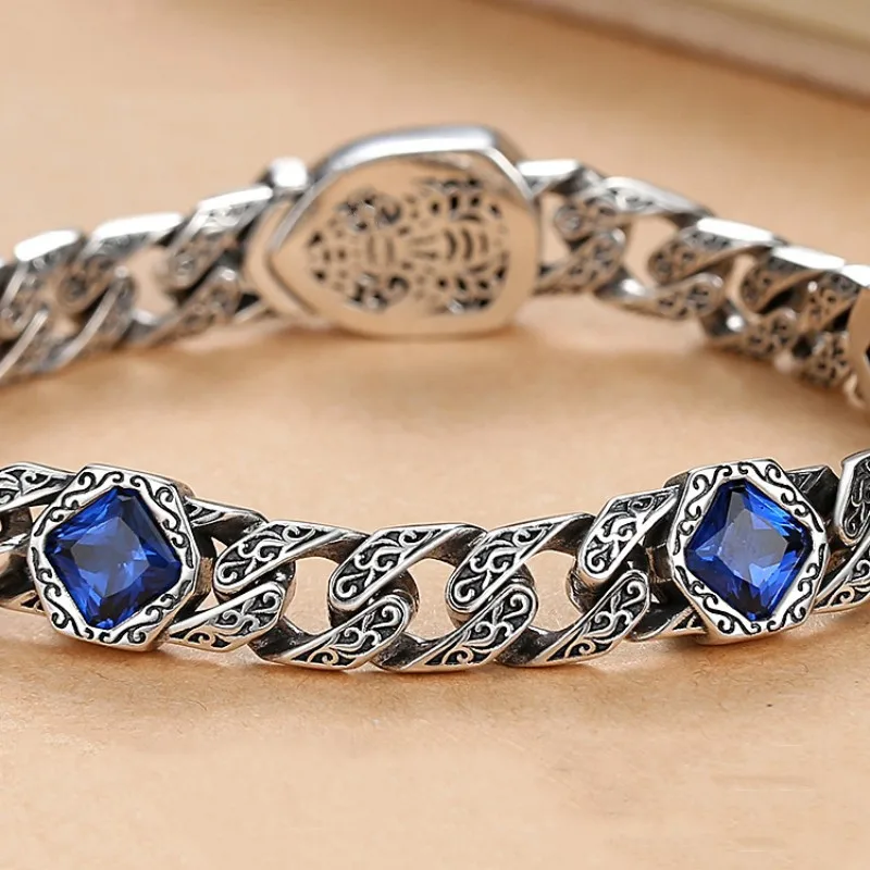 Trendy Wide Lines Flower Chain Bracelet Men Jewelry 22cm 20 Size Retro Lion Buckle Bracelet Male Hand Accessories With Stones