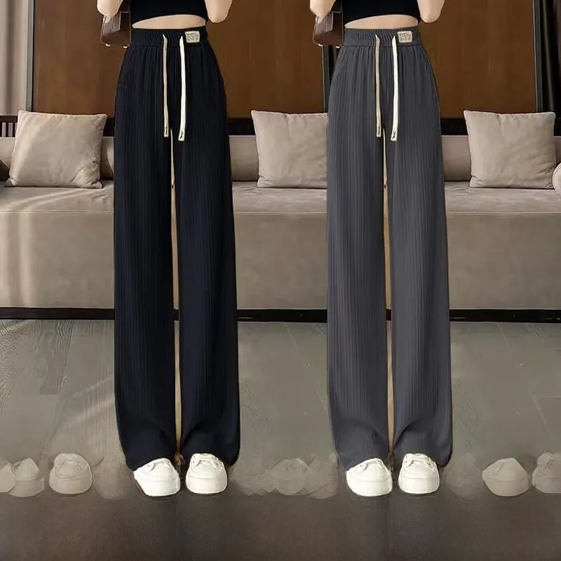 

Quick Dry Ice Silk Thin Stripe Casual Pants Women Summer High End Loose Korean Fashion Straight Leg Trendy Trousers