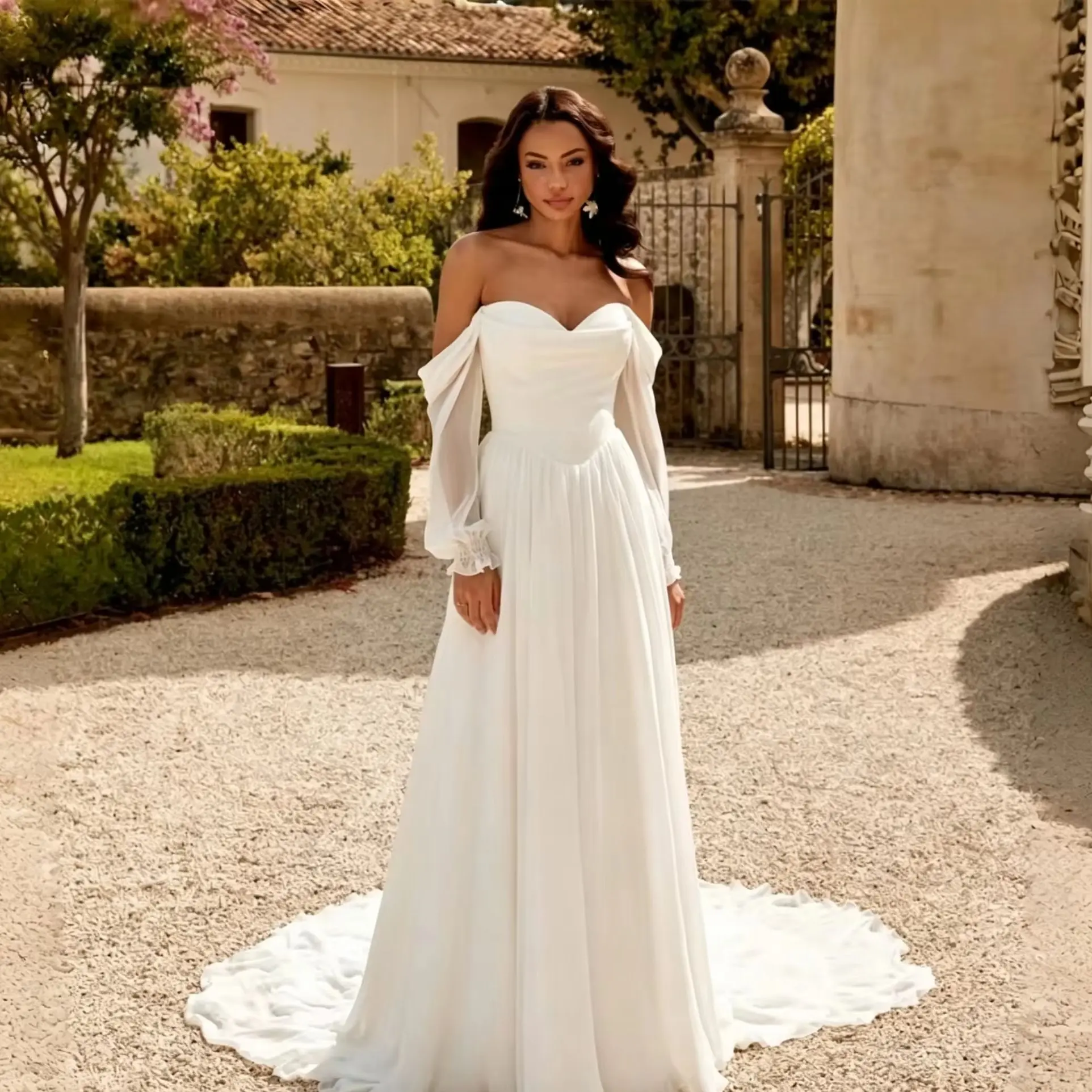 Customized Modern Civil Long Sleeves Wedding Dresses 2026 Elegant Off The Shoulder Open Back Pleat Sweetheart Pleat Bridal Gowns