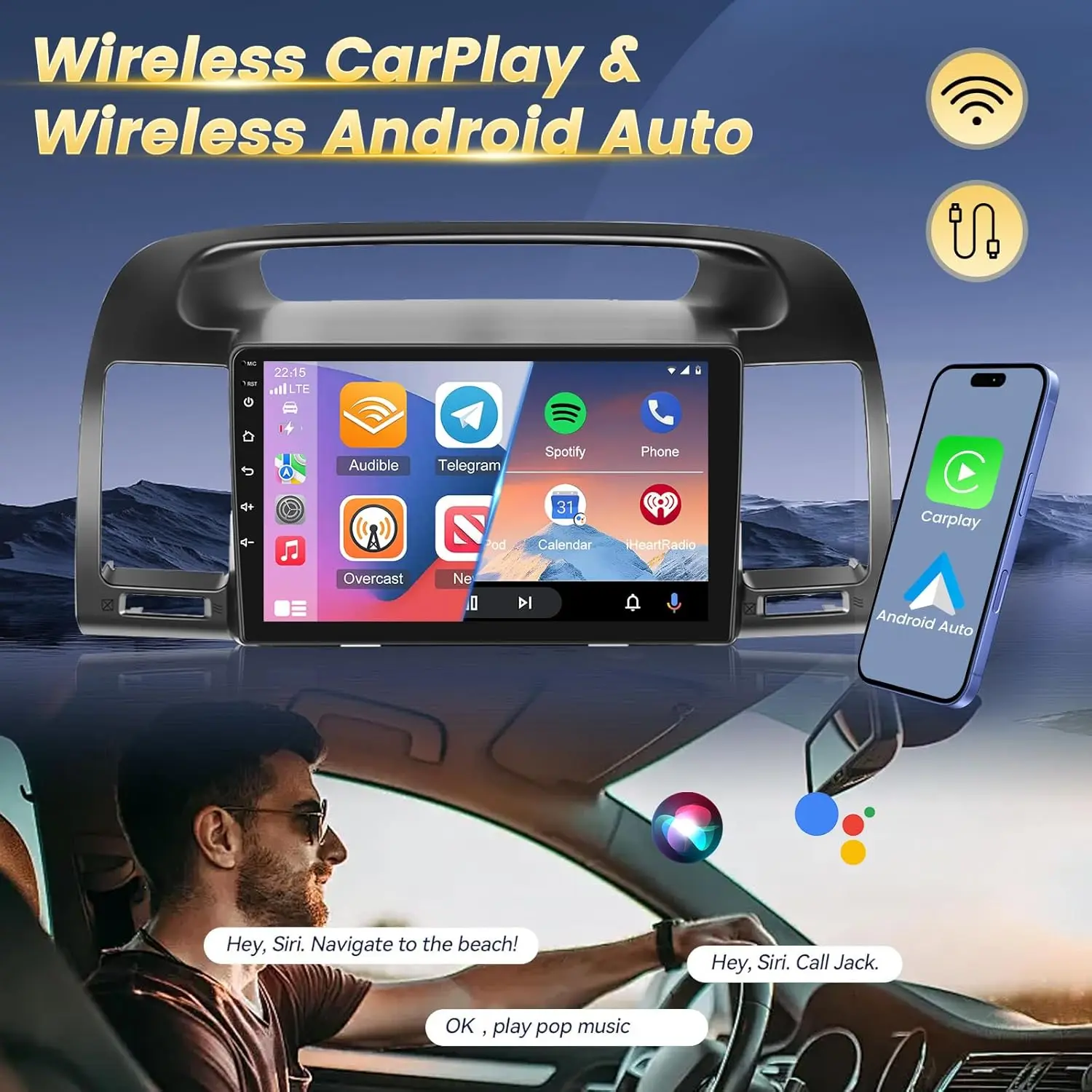 ستيريو سيارة أندرويد بشاشة لمس 9 بوصة لسيارة تويوتا كامري 2000-2006 مع CarPlay، Android Auto، Bluetooth، WiFi، كاميرا احتياطية AHD #3
