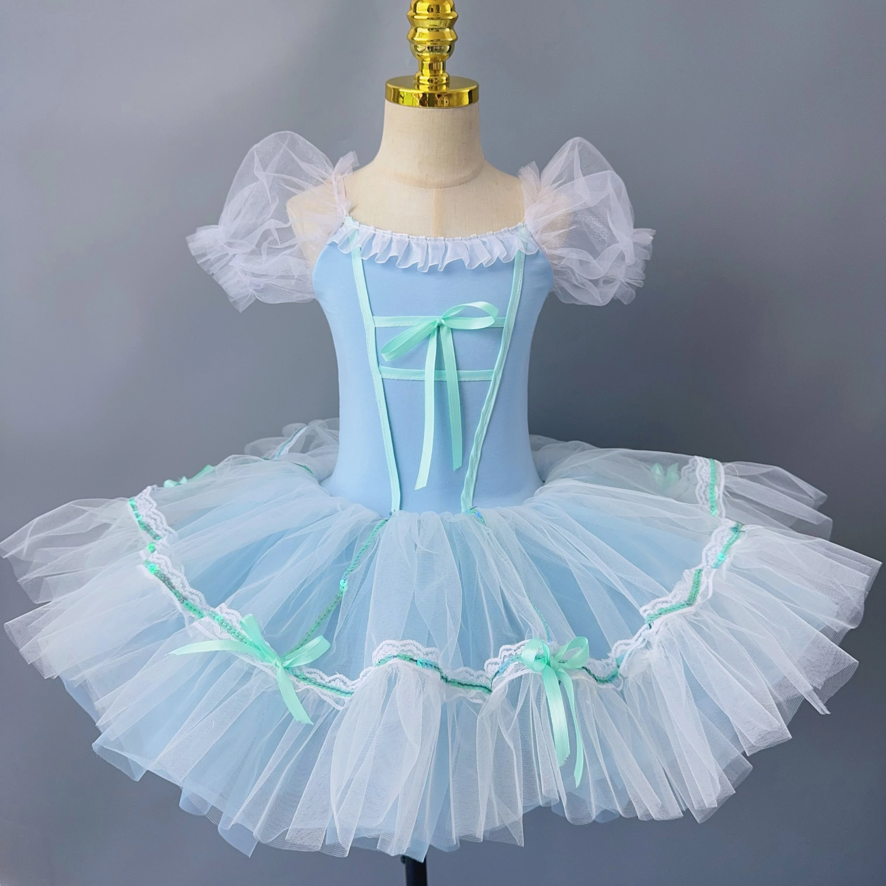 Nuovo balletto per bambini vestito da ballo tutu costumi romantici con fiocco manica a sbuffo performance sul palco abbigliamento da ballo body da balletto per ragazze per bambini