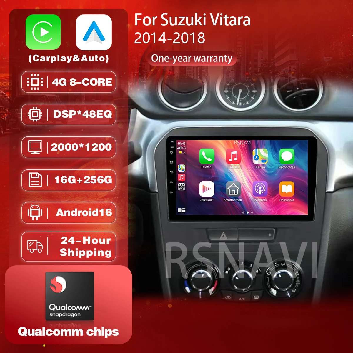 Android 16 Carplay Auto 2K Screen Car Radio BT Multimedia Player For Suzuki Vitara 4 2014 - 2018 Autoradio GPS Stereo Head Unit