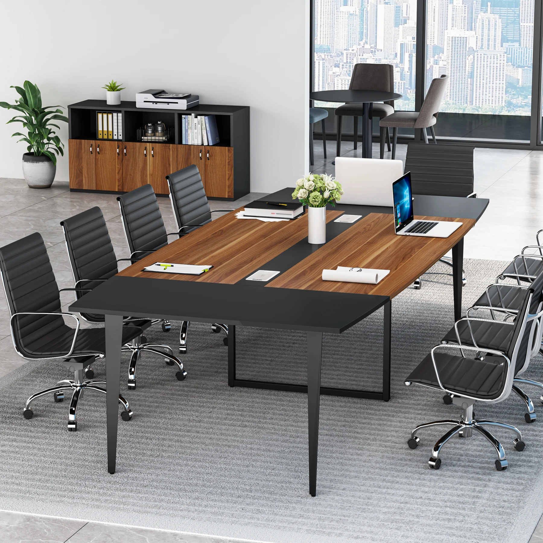 Tribesigns 8FT Conference Table, 94.48L x 47.24W x 29.52H Inches Boat Shaped Meeting Table with Rectangle Grommet