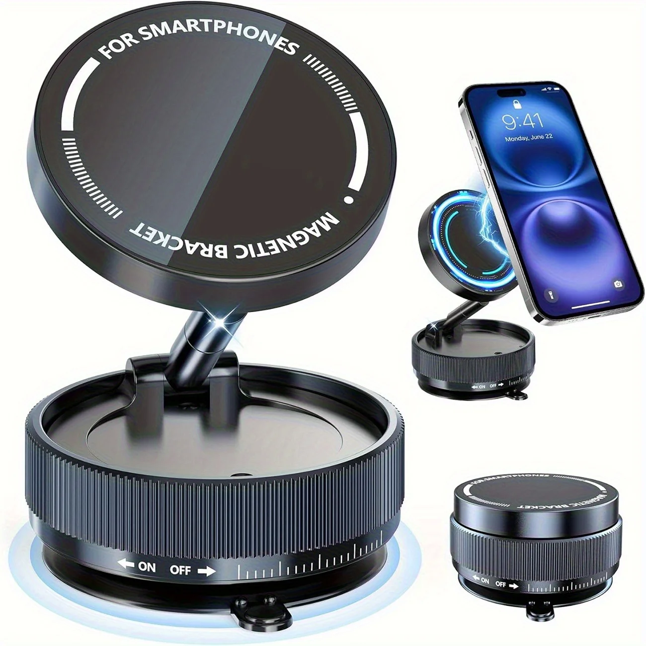 Soporte magnético para teléfono de coche, 360 ° Soporte de succión ajustable para salpicadero/parabrisas para todos los teléfonos inteligentes, Ph magnético plegable con ventilación de aire