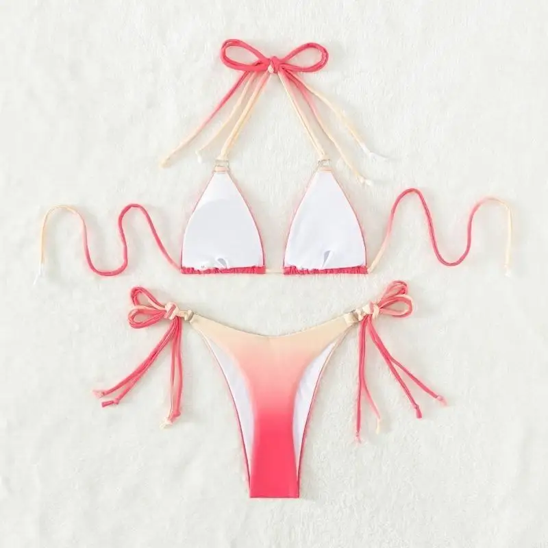 

X9FF Womens Split Swimsuit Thong Comfortable 2-Pieces Strappy Swimming Suit Wrap High Cut Beachwear Halter String Bikinis Set