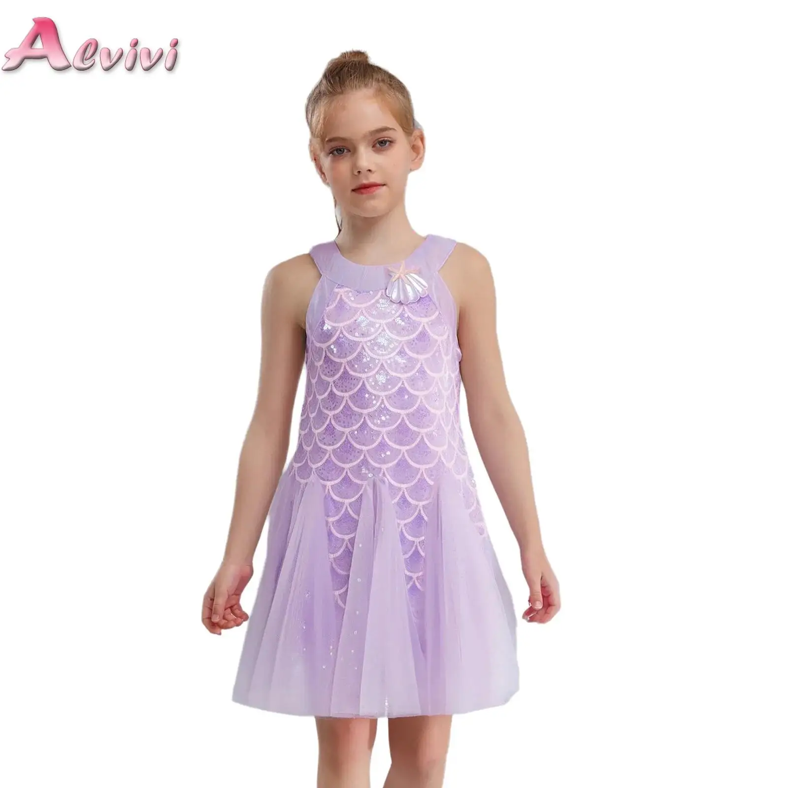 

Kids Girls Shiny Sequin Mermaid Fishtail Dress Halter Fish Scale Print Dresses for Halloween Cosplay Birthday Party Photo Shoot