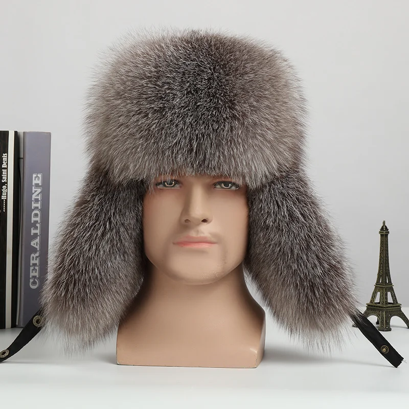 

Fox Fur Lei Feng Hat Winter Raccoon Fur Sheepskin Top Hat For Men Outdoor Natural Fox Fur Caps Keep Warm Silver Fox Fur Hats