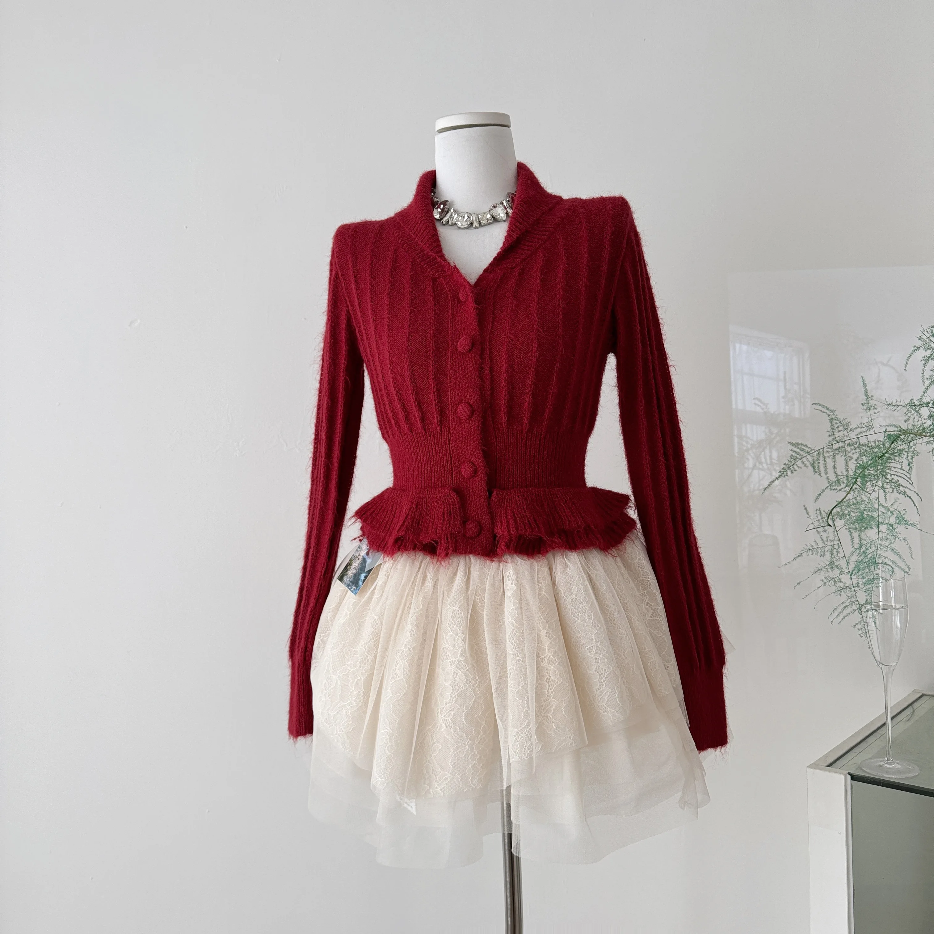 

2026 Spring Ribbed Knit Wool Pullover - Ruffled Collar Turtleneck Sweater for Women, Wine Red & Beige Two Colors Pullovers