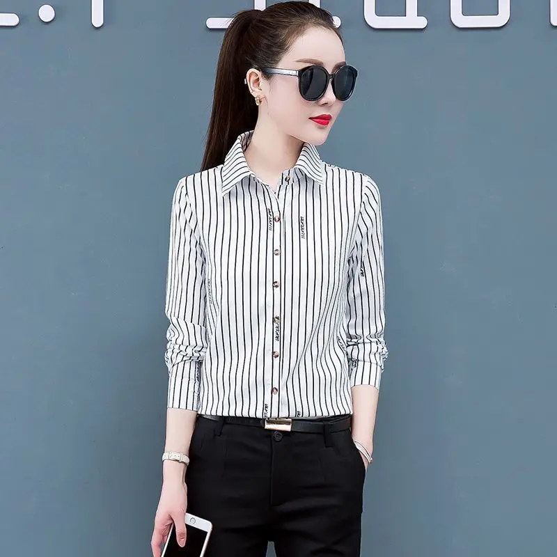 Women Spring Simplicity Office Lady Striped Square Neck Long Sleeve Shirts Women Clothes Casual All-match Appear Thin Trend Tops