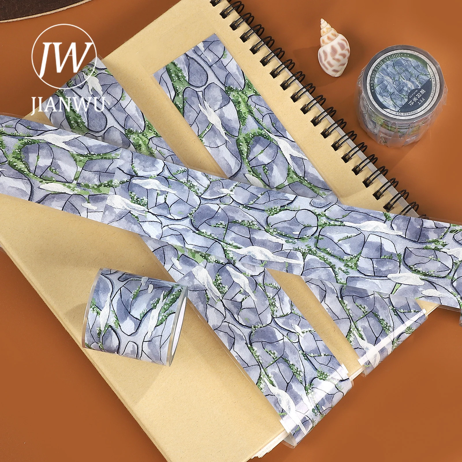 fita-adesiva-pet-jianwu-40mm-5m-vintage-com-estampa-de-plantas-e-rochas-para-scrapbooking-colagem-e-papelaria-criativa-diy