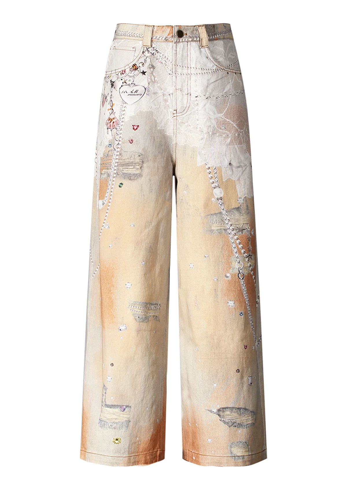 

Американские винтажные женские летние оранжевые джинсы с принтом дофамина и свободными широкими брюками