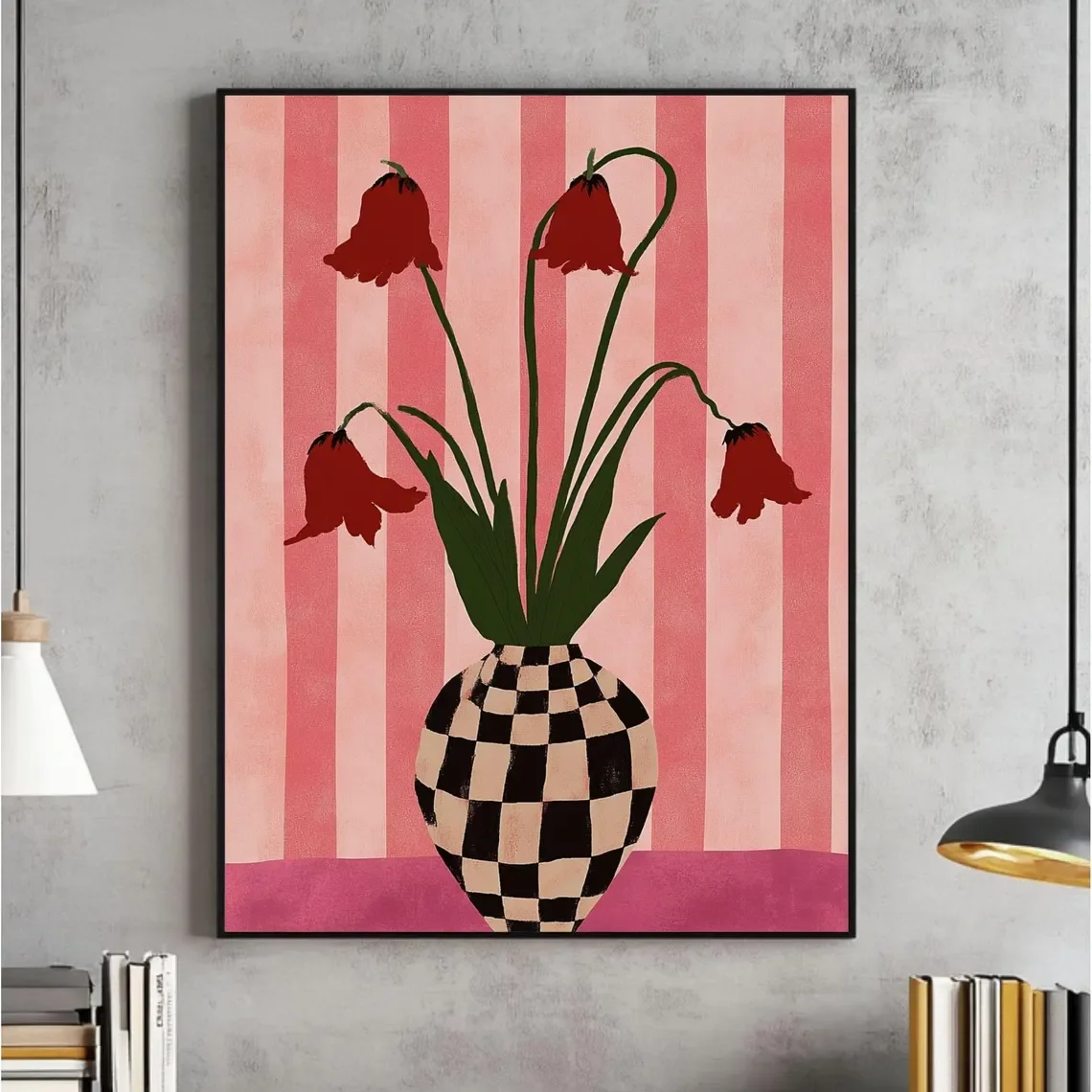 Tulips In A Checkered Vase Wall Art, Eclectic Decor In Berry Pink Tones Print, Contemporary Printable, DOWNLOADABLE ART, Floral