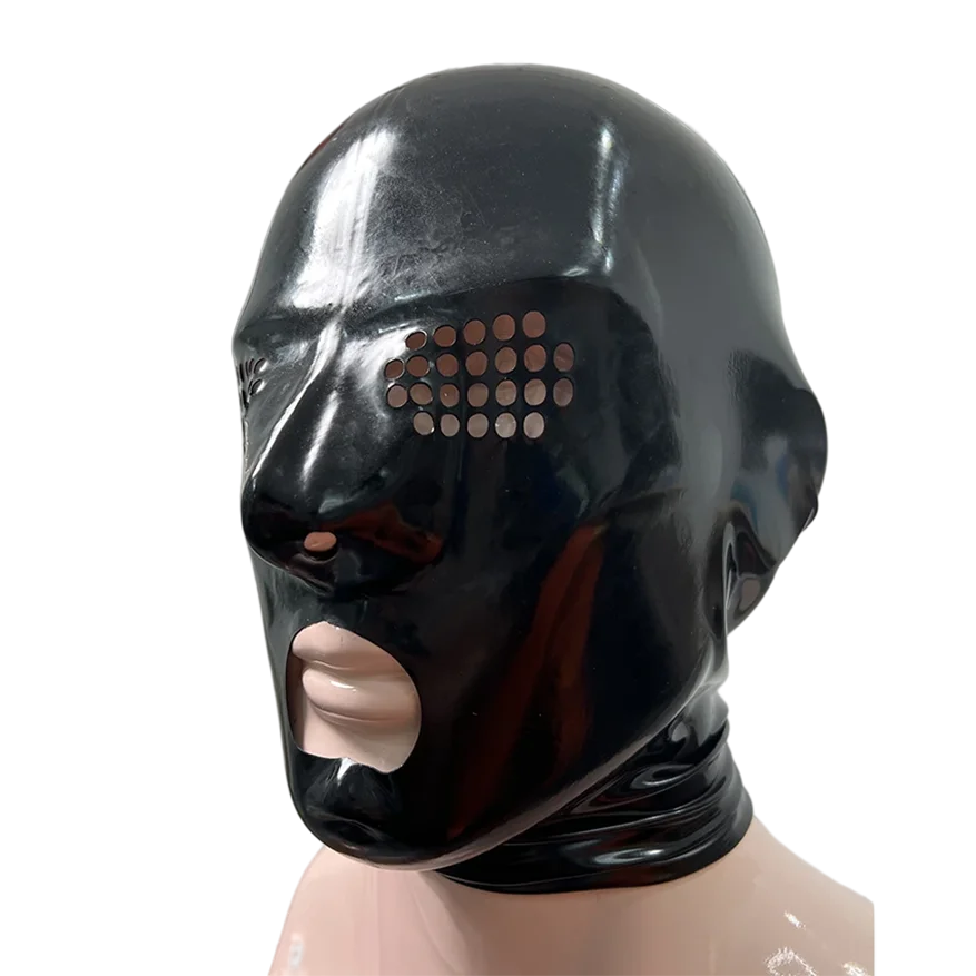 Mascarilla Sexy de látex para hombre y mujer, máscara de goma con agujeros de malla, ojos, cubierta de cabeza hecha a mano, S-LM286