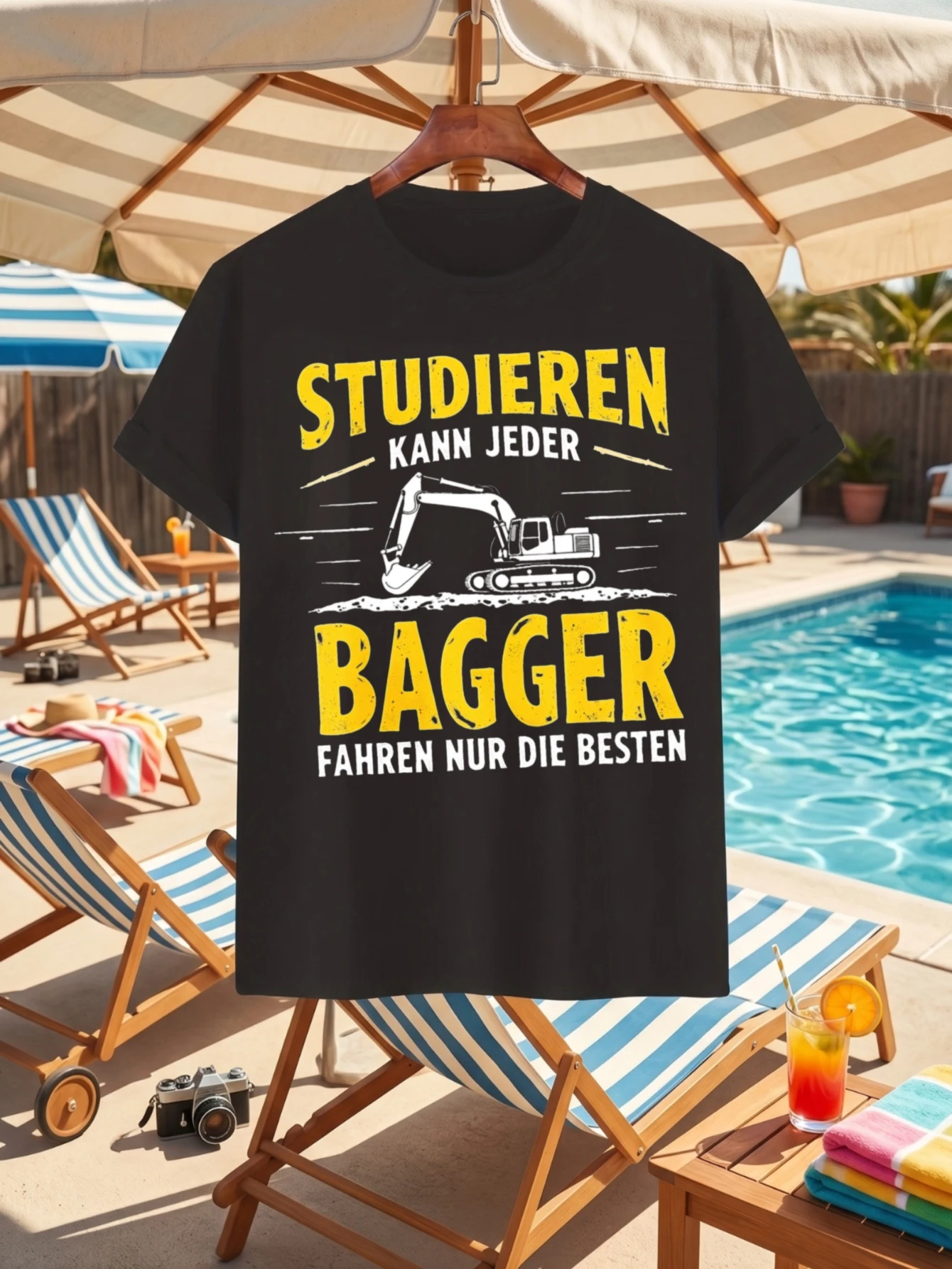 1 Stück T-Shirt aus 100 % Baumwolle mit O-Ausschnitt und kurzen Ärmeln. Es kann jedem Bagger einen Anstoss geben