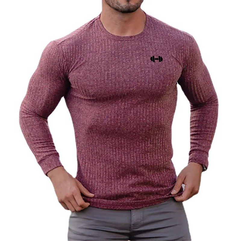 Prendas de punto ajustadas a rayas con cuello redondo para hombre, jersey ajustado para culturismo y Fitness, estampado gris, ropa informal para hombre musculoso para Otoño e Invierno
