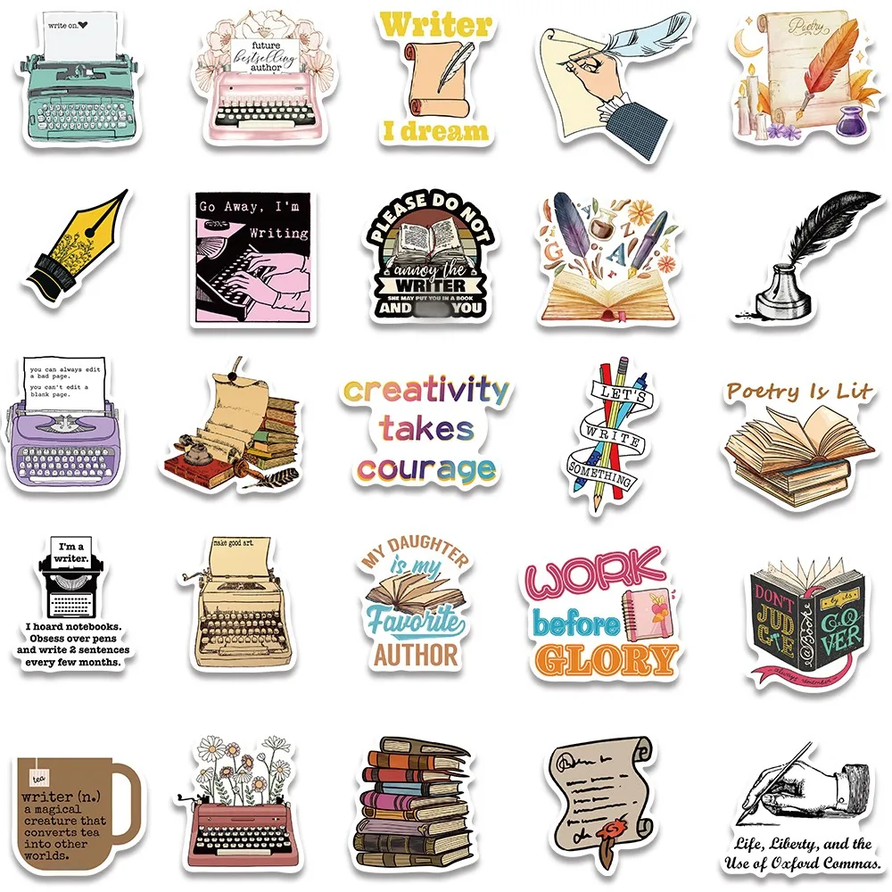 50pcs Vintage Cartoon Aesthetic Typer Writer Stickers Quill Book Water Bottle Sticker Luggage Laptop Guitar Vinyl Decals