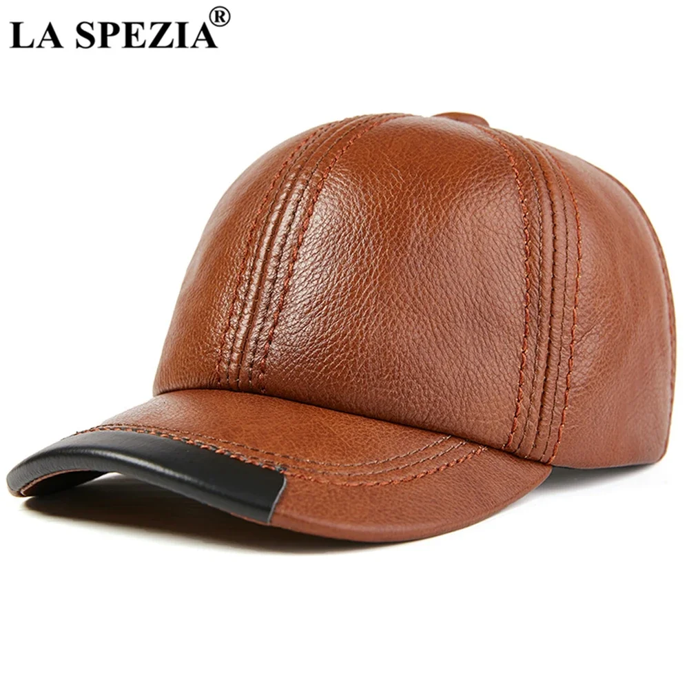 

LA SPEZIA Baseball Cap Men Genuine Leather Sheepskin Snapback Male Brown Black Autumn Winter Adjustable Hats and Caps