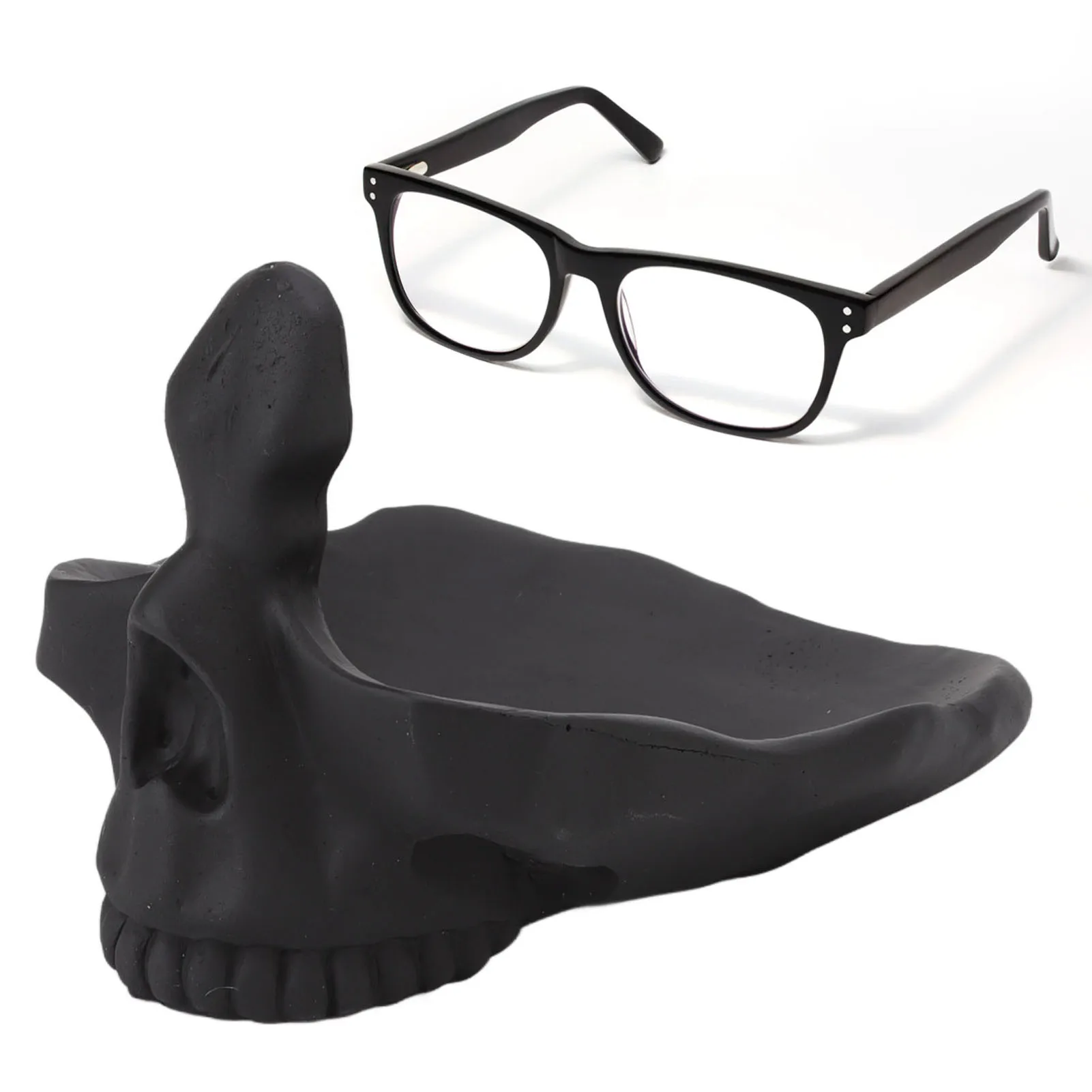 

Creative Black Skull Glasses Stand Lifelike Scratch Resistant Resin Statue Eyeglasses Holder With Storage Tray Home Office Decor